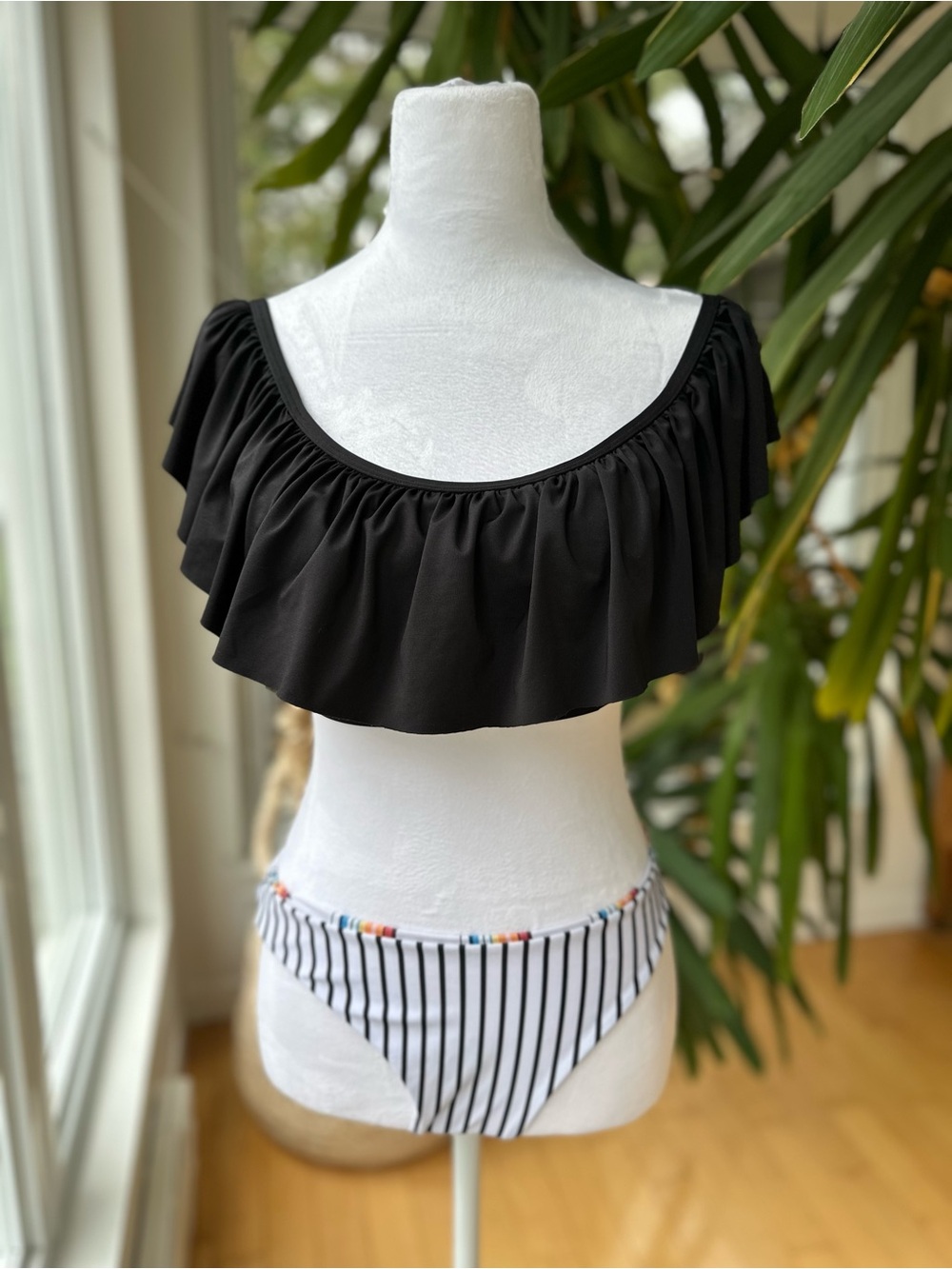 La Vie En Rose Black Ruffle Bikini Top with White & Black Striped Bottom